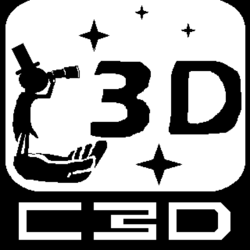 C3D Logo. A miniature figure standing on top of a open palm. The mini figure is looking into the night sky with a telescope and see's the clouds, "3D."