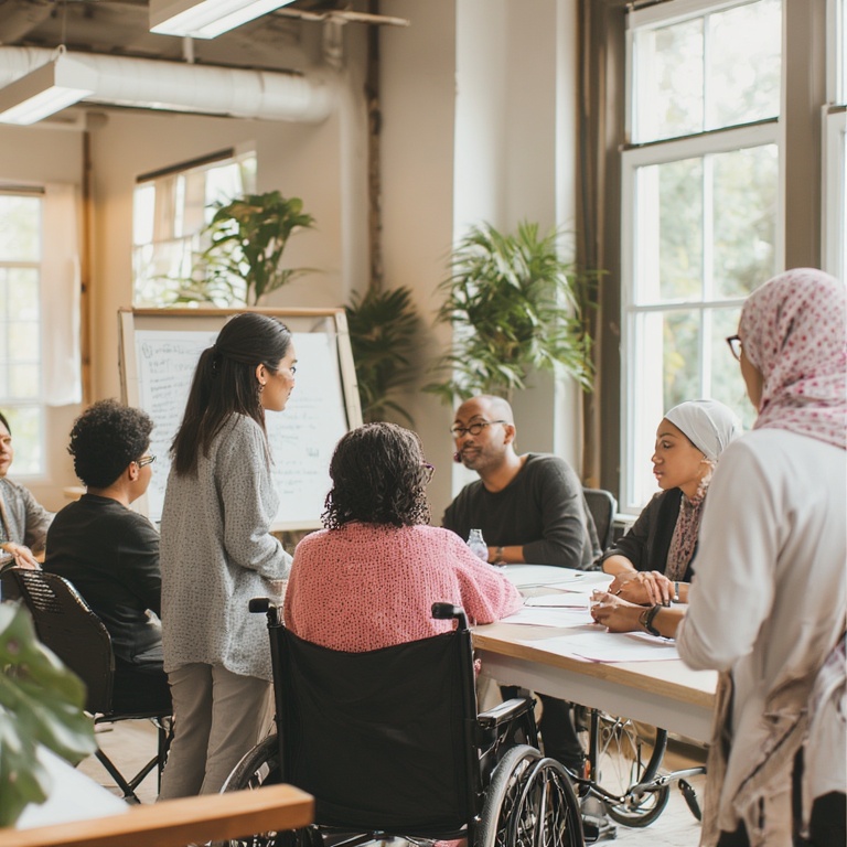 A diverse group of community members working towards community development planning at a table with documents strewed across it.