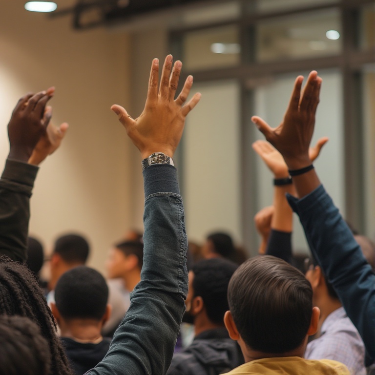 People participating in a discussion with five people raising their hands to comment or ask questions.