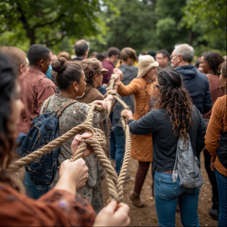 Diverse group of people with women, men, young, old, different race persons pulling a rope together.