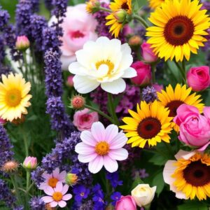 A flower garden with the following flowers: Lavender, Peony, Cosmos,Pincushion Flower (Scabiosa), White Rose, Sunflowers, and other Roses.