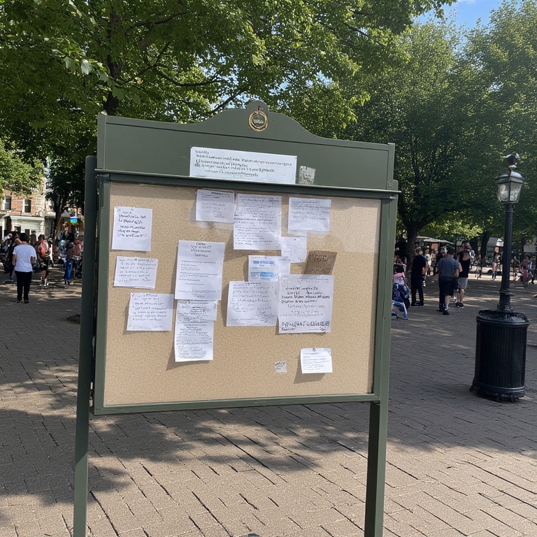 A message board with various notes and messages of different sizes in the middle of a bustling town square