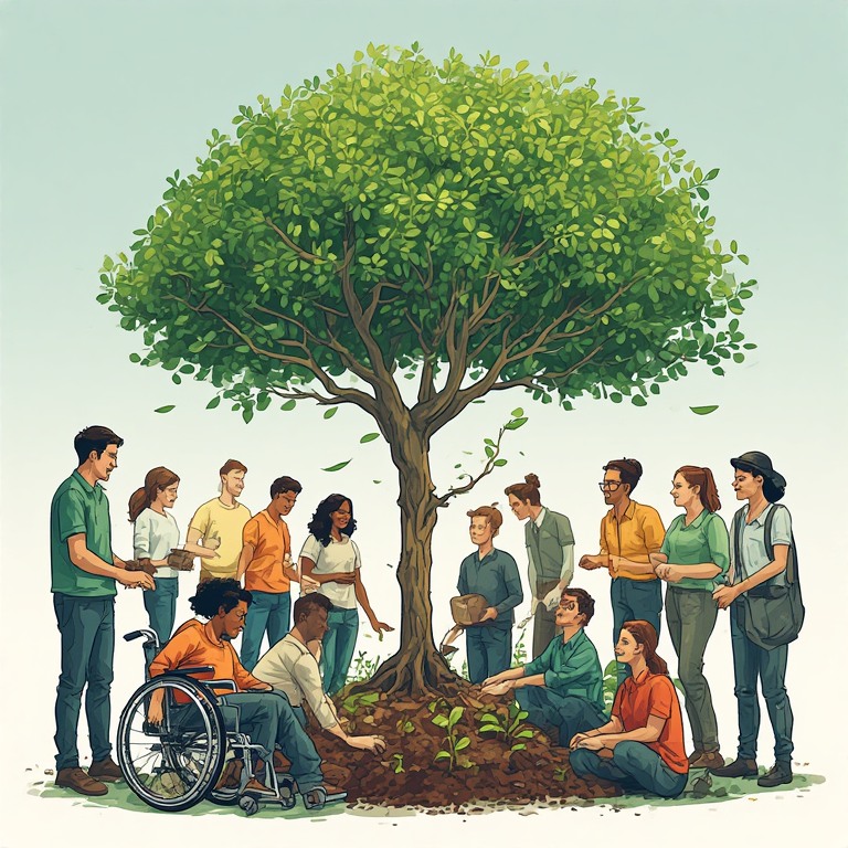 Numerous people of diverse backgrounds are working together in taking care of a tree and enjoying the space together.