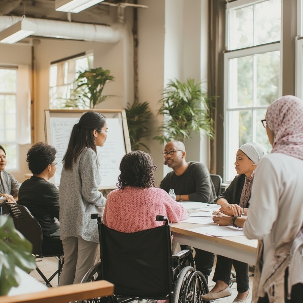 A group of diverse individuals coming together to collaborate on community needs.