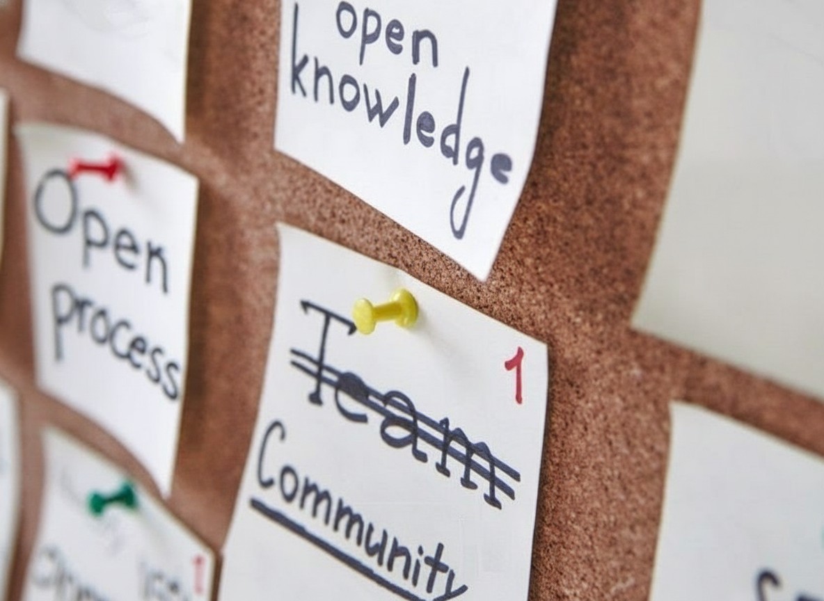 A tack board with several notes placed on the front. The very top note reads "Open knowledge". "Open process" is in center-left. The center note has "team" crossed out and "community" is directly written below it.