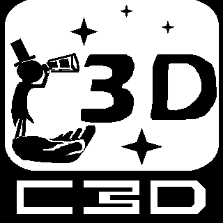 C3D Logo - A miniature magician silhouette peers into the sky with a telescope while standing on an upwards curved palm. The figure and the palm form a letter "C." The phrase, "3D" is shown in the sky. Together it is "C3D."