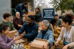 A diverse group of individuals helping one another distribute supplies for a community event.
