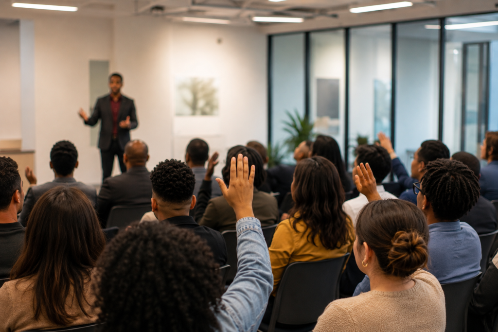 A group of people sitting in a town hall conference room raising their hands in response to a speaker.